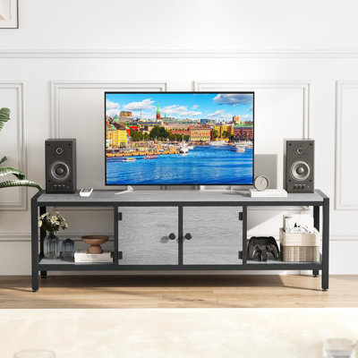 Meuble télé 58 po pour téléviseur de 65 po ou moins, centre de divertissement avec rangement, pieds réglables, meuble télé rustique avec tablettes ouvertes et 2 portes de salon, gris clair