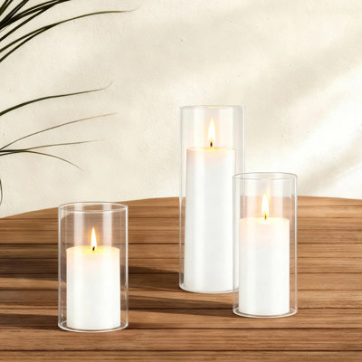 Pillar Candles and Glass Vases Set, Clear Cylinder Hurricane Candle Holders for Wedding Centerpieces, Tall Vase for Table Decor, Wedding Party,Thanksgiving,White (2.56" x 4.7",5.9",7.9")