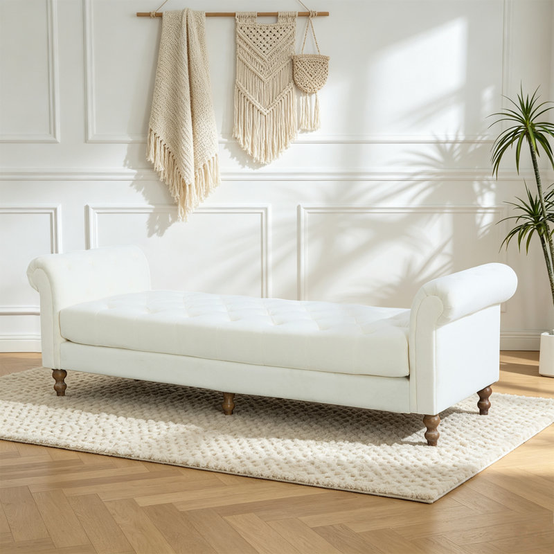 Banc rembourré 87 po avec accoudoirs roulés et 2 coussins, Beige