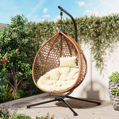 Chaise hamac robuste avec support U_Style, fauteuil à œufs suspendu durable avec tissage en rotin, chaises de balançoire intérieures et extérieures confortables avec coussin doux et amovible, convient au balcon, à la chambre à coucher ou au jardin
