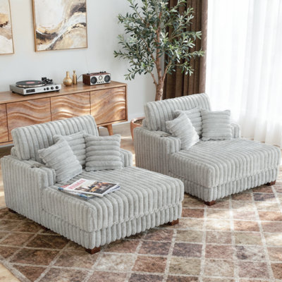 Upholstered Faux Fur Chaise Lounge Sofa Bed Couch with Cup Holder and Throw Pillows (Set of 2)