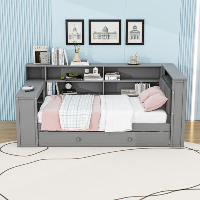 Twin Wooden Daybed with USB Ports, Trundle, Desk and LED Light