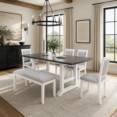 6-Piece Extendable Trestle Dining Table Set with Removable Leaf, Upholstered Chairs and Bench for Comfortable Seating