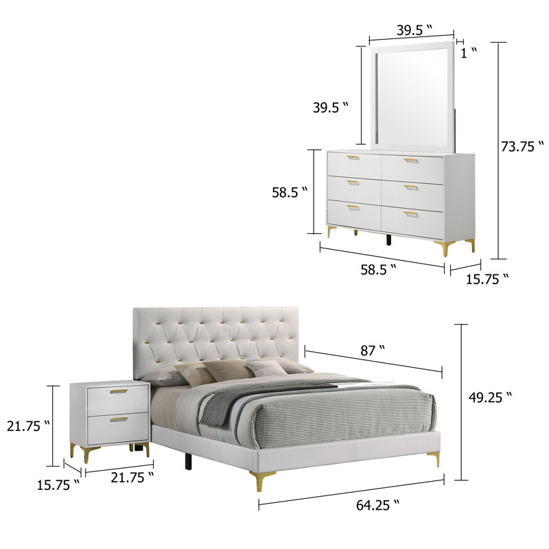 Ensemble de chambre à coucher 4 pièces Dle, capitonné, or moderne Dle, Grand, Blanc