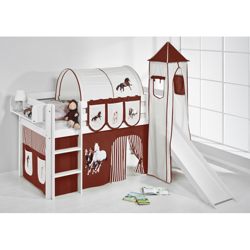Pferde European Single (90 x 200cm) Mid Sleeper Bed with Textile Set, Brown and beige
