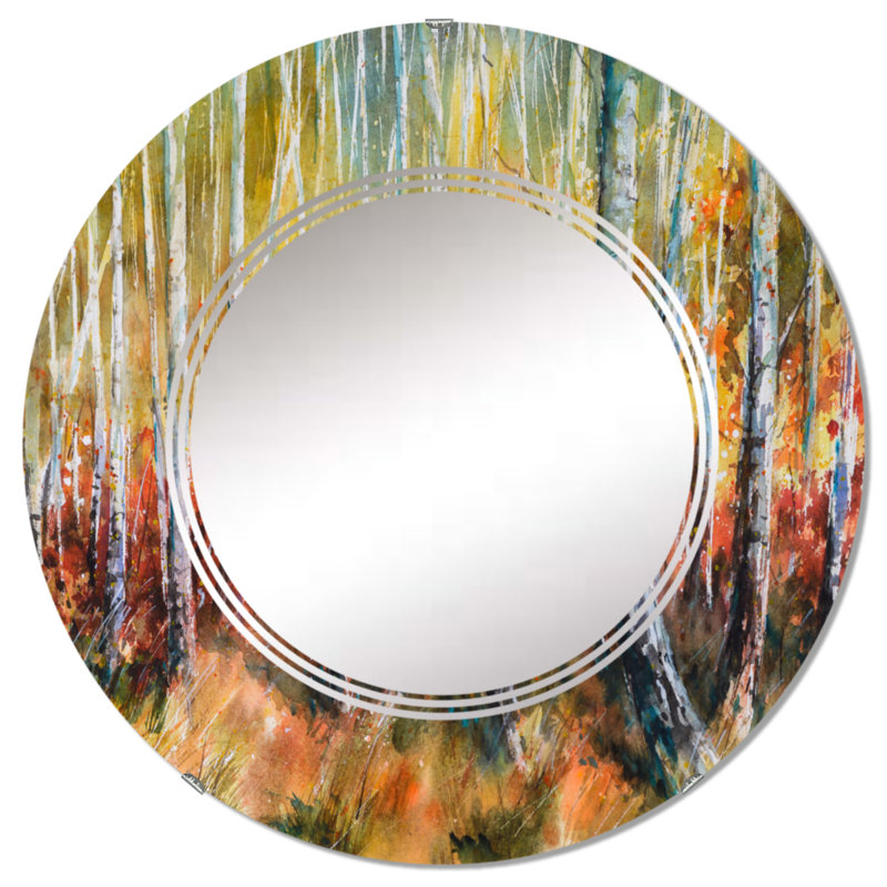 Miroir mural blanc avec bouleaux blancs en forêt d'automne dense, 24 po x 24 po