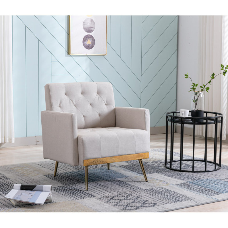 Fauteuil décoratif moderne avec pieds en métal pour le salon, H 31,74 po x l 28,79 po x P 26,03 po, Lin beige