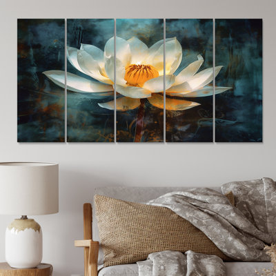 Lotus rétro sur fond grunge - décoration murale lotus - 5 panneaux égaux