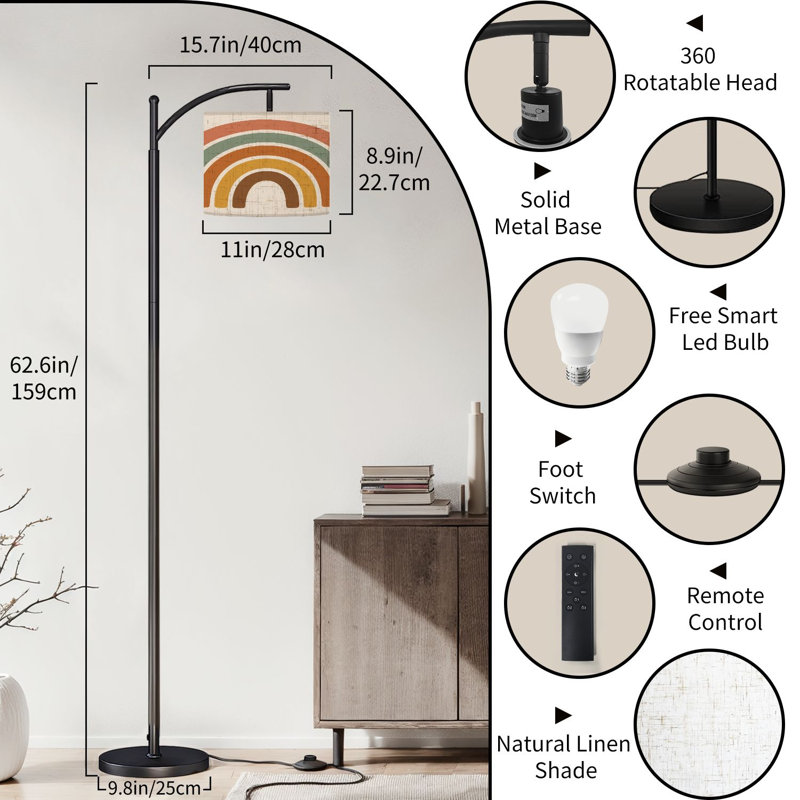  Arc Floor Lamp RetroRainbowColors Tall Modern Standing Lamp LED Adjustable Linen Lampshade 3 Color Temperatures