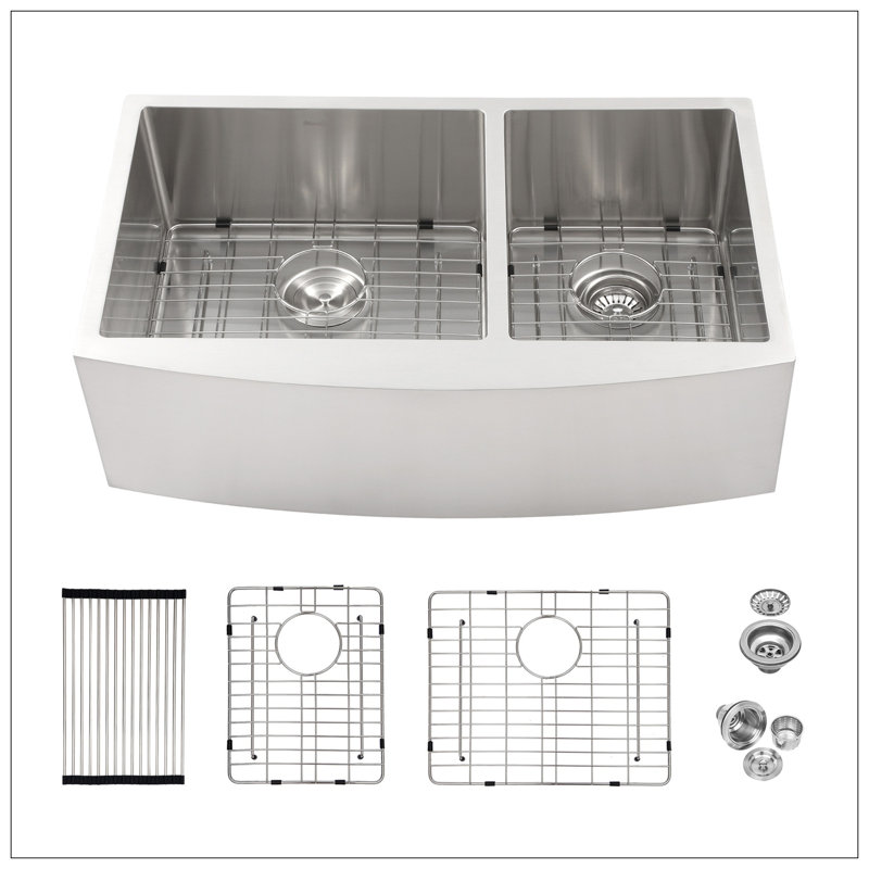 Évier de cuisine à double cuve (60/40) - Évier de cuisine à tablier frontal en acier inoxydable de calibre 16 avec deux cuves profondes de 10 po x 21 po x 10 po