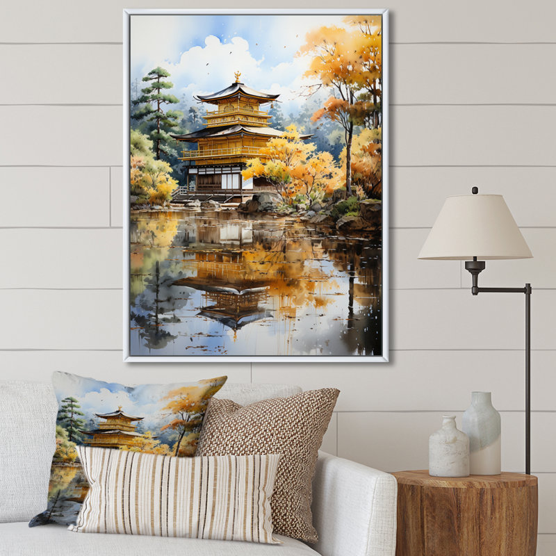 Pleureur Japon Art Golden Pavilion II, Cadre flottant blanc, H 40 po x l 30 po x P 1,5 po