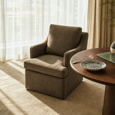 Upholstered Chenille Swivel Dining Chair with Curved Back and Armrests