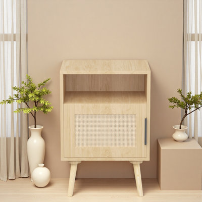 22.83'' H Rattan Nightstand, Side Table With Door Open Shelf, Accent Bedside End Table With Solid Wood Legs For Bedroom, Dorm And Small Spaces