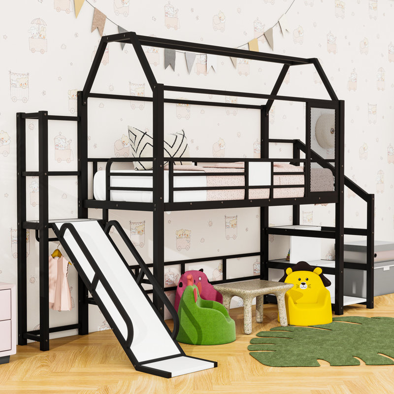 Metal House-Shaped Loft Bed With Stairs And Slide, Twin, Black