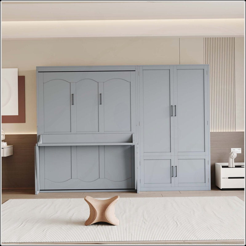 Grand lit escamotable mural avec placard, gris