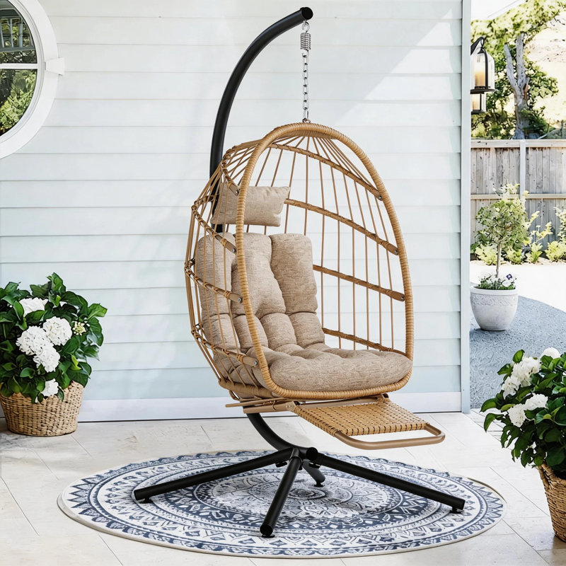 Swing Egg Chair with Stand and Footrest Hammocks with Cushions, Beige/Black