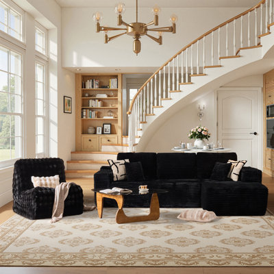 Ensemble de salon modulaire sans assemblage en L 3 pièces avec méridienne et fauteuil à billes sans accoudoirs Hogle