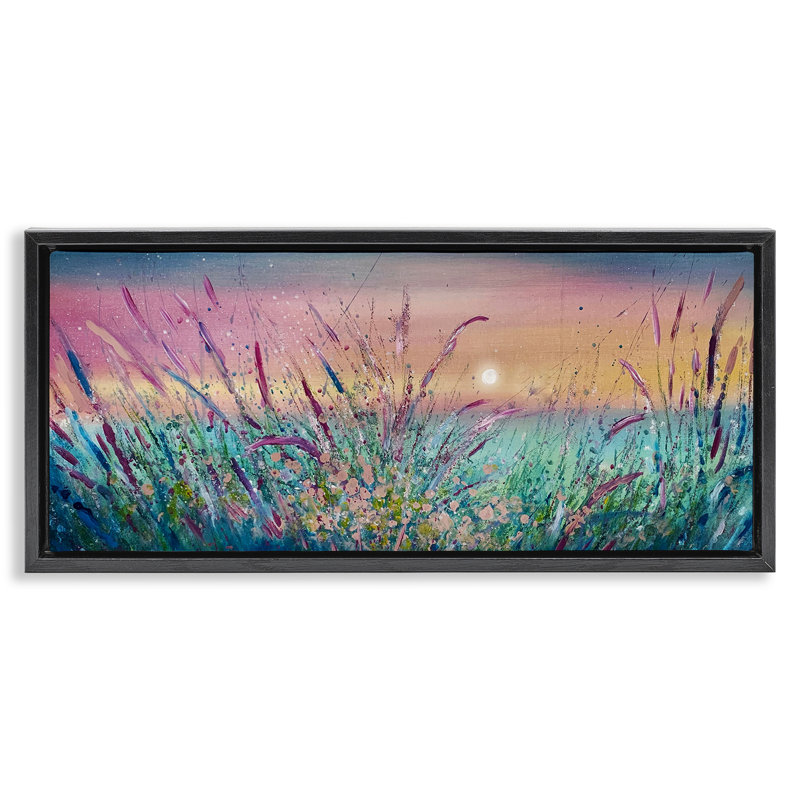 Les roseaux de l'étang poussent au coucher du soleil, Cadre flottant noir de jais, H 14 po x l 31 po