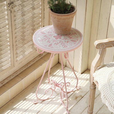  Ceramic Top End Table Patio Side Table,Vintage Metal Plant Stand, Round Accent Table for Porch,Patio, Balcony, Living Room Decor