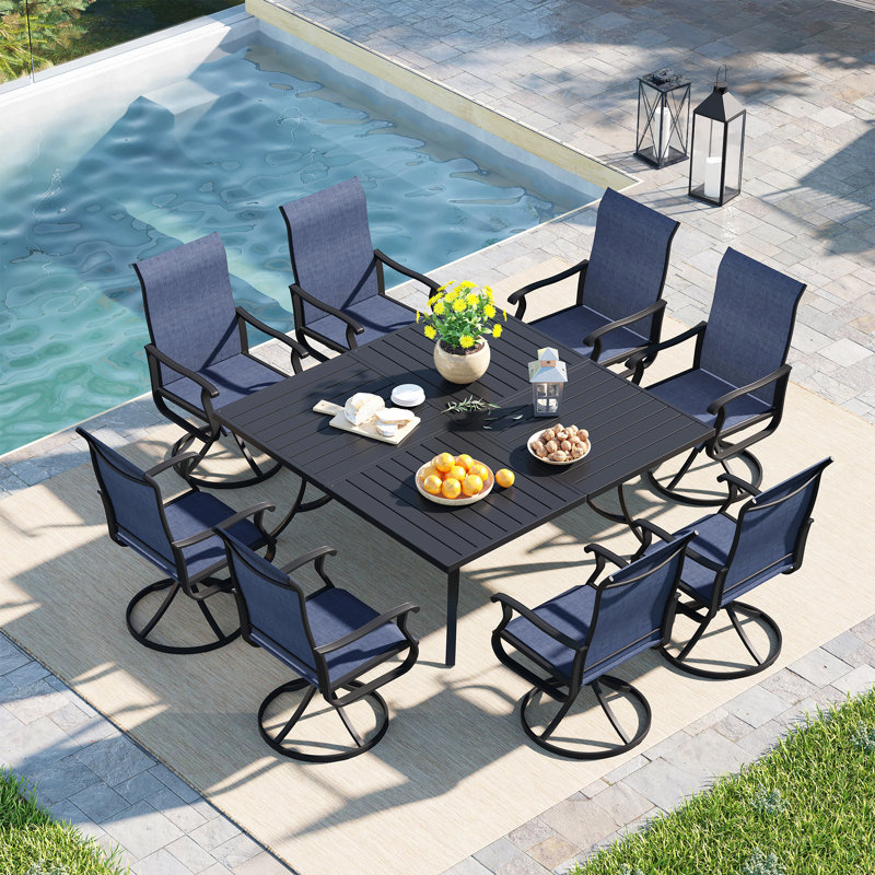 8-Person Patio Dining Set with 59" Square Table and Umbrella Hole + 8 Swivel Chairs, Black/Blue
