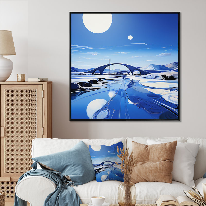 Pont bleu moderne, paysage II - impression, H 16 po x l 16 po x P 1 po, Cadre flottant noir