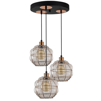 Elegant Copper Chandelier, Adjustable Height 44.1 x 3.9 inches | Metal Body with Glass Cap, 3 x E27 Sockets (Max 40W) | Glam Scandinavian Design, Perfect for Living Room & Dining Areas, Modern Home Decor