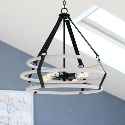 4-Light 24 in. Wide Textured Black and Ash Gray Industrial Cage Pendant, LED Compatible, Adjustable Height Hanging Ceiling Fixture for Dining Table, Kitchen, Entryway, Bedroom, Island, Foyer