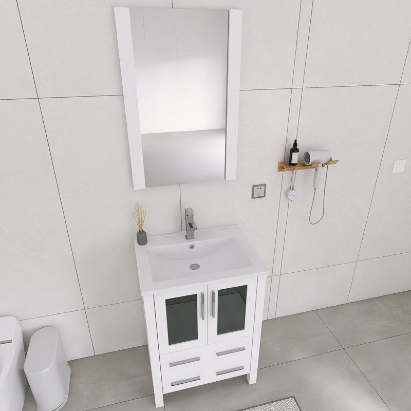 Ensemble de meuble-lavabo simple 24 po avec plateau en céramique et miroir encadré - portes et tiroir à fermeture en douceur, fabrication en bois massif