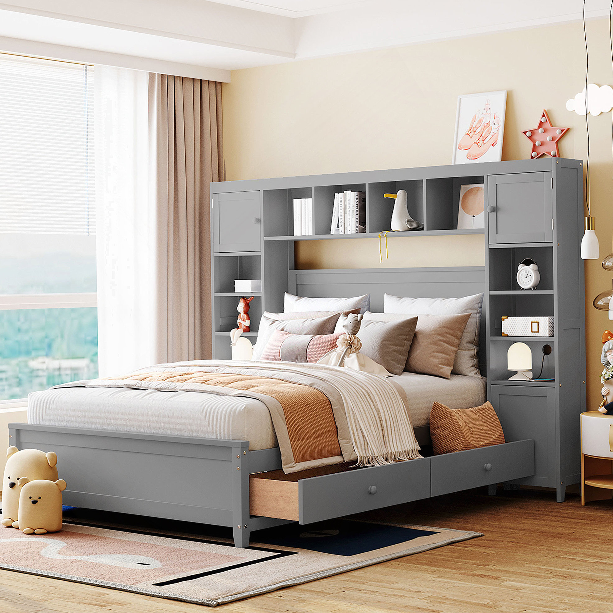 Lark Manor Wooden Bed Frame with All-in-One Cabinet and Drawers ...