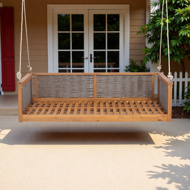 Lit de balançoire extérieur avec système de corde sécuritaire et rotin durable, Teck