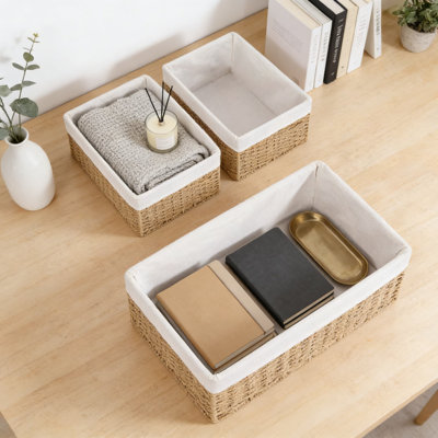 Hand-Woven Wicker Storage Baskets Set Of 3 With Handles, Decorative And Stackable Organizing Bins For Bathroom, Shelves, Closet, And Home Decor