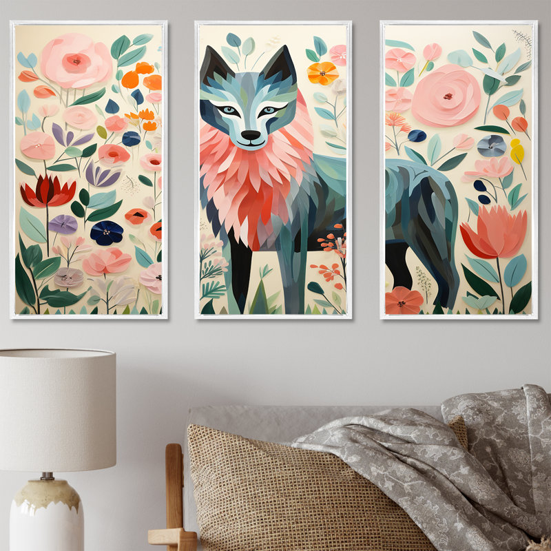 Rose et vert Boho Portrait VI - loup, art mural, Cadre flottant blanc, H 32 po x l 48 po