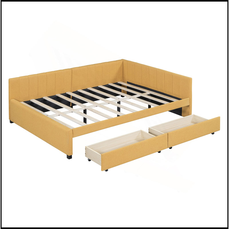 Full Size Upholstered Daybed With 2 Storage Drawers Sofa Bed Frame No Box Spring Needed, Linen Fabric, Yellow