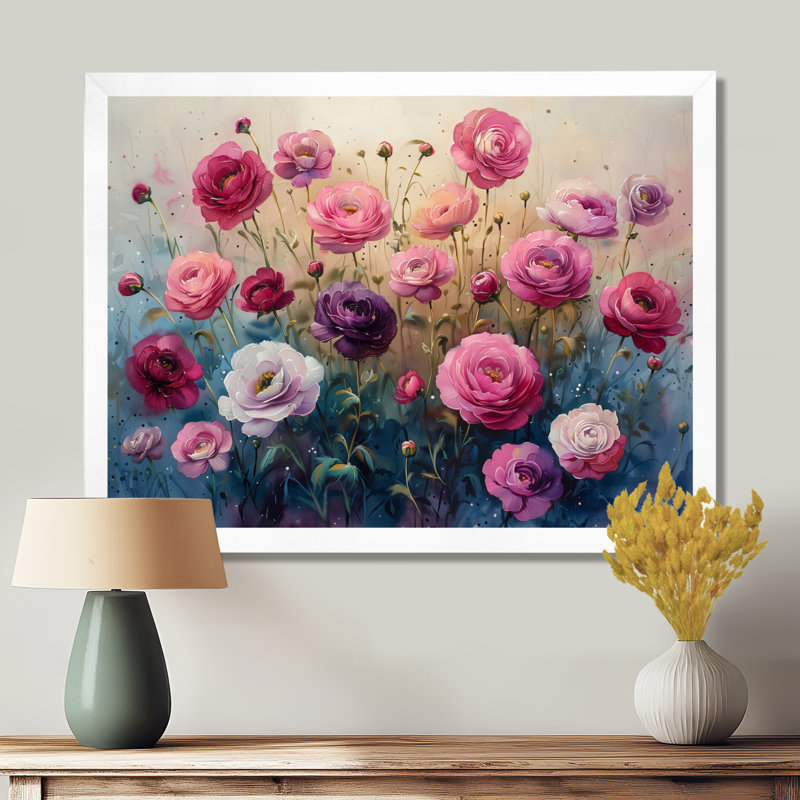 Jardin de l'amour rose bleu Renoncule - Renoncule, art mural, salon, Cadre flottant doré, H 30 po x l 40 po