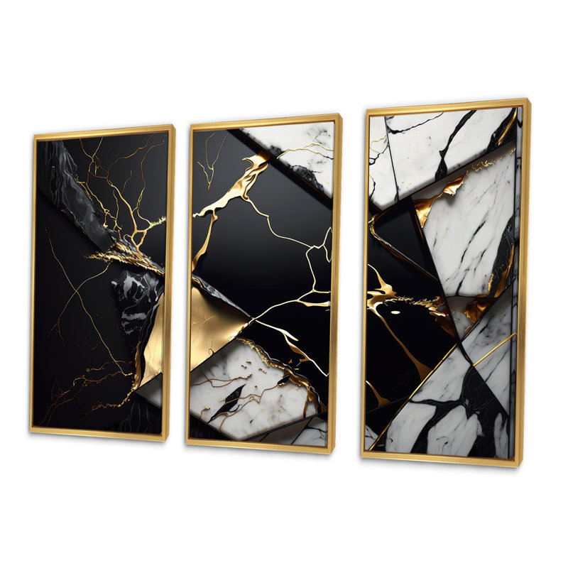 «Abstract Geode Gold IV», reproduction sur toile flottante 3 pièces, Or, H 32 po x l 48 po x P 1 po