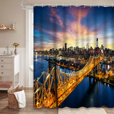 New York City Sunset Manhattan Bridge Shower Curtain with 12 Hooks