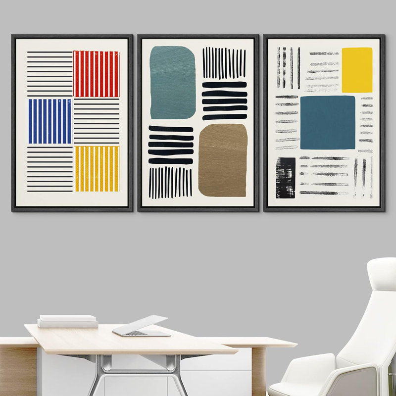 Abstract Vibrant Color Blocks Multicolor Geometric Artwork Framed Canvas 3 Pieces Print Wall Art, White, 24" H x 48" W