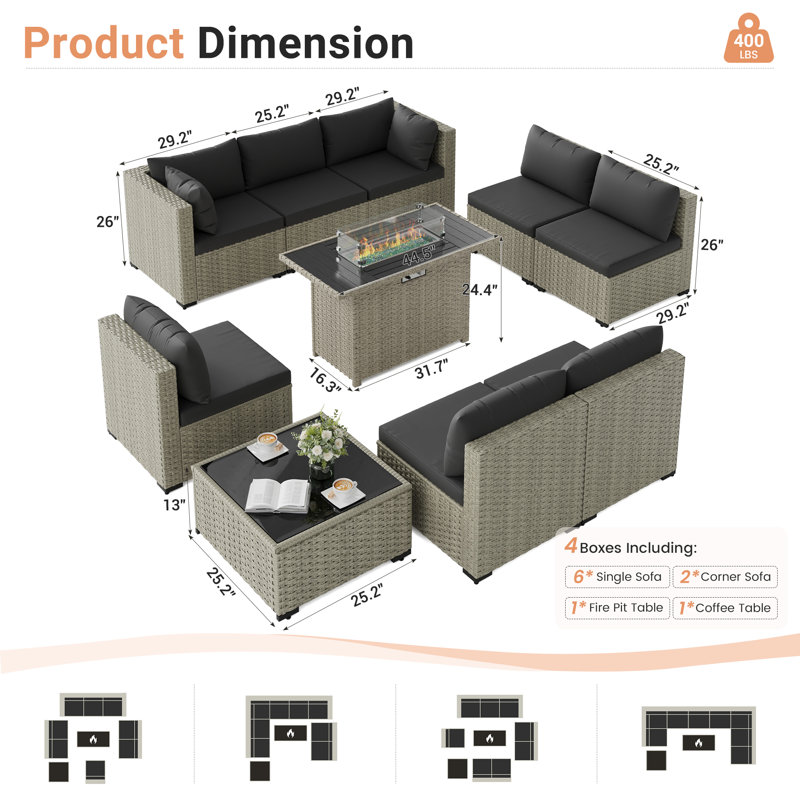 Ensemble de conversation 9 pièces pour patio en rotin avec foyer, Noir