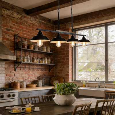 4-Light Black Pendant Light Fixture, Farmhouse Chandelier For Kitchen Island And Dining Room, Adjustable Industrial Hanging Lamp With Metal Shades