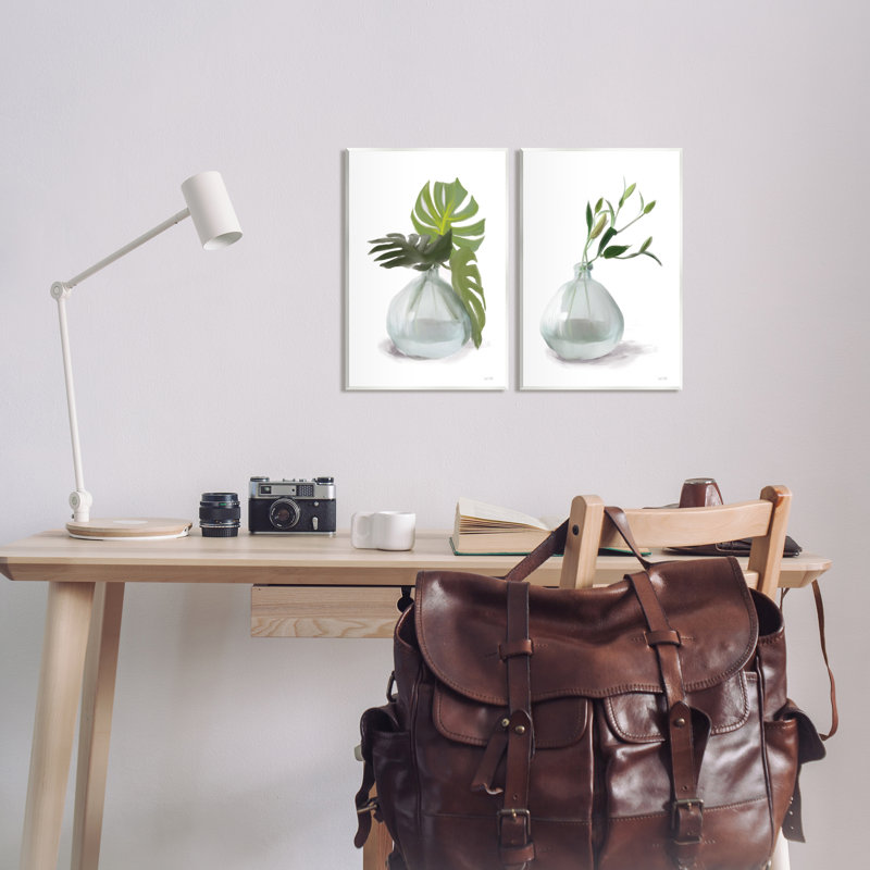 "Simple Monstera Plant Leaf Sprig" par Sally Swatland - ensemble de 2 impressions, H 15 po x l 20 po x P 0,5 po, Bois