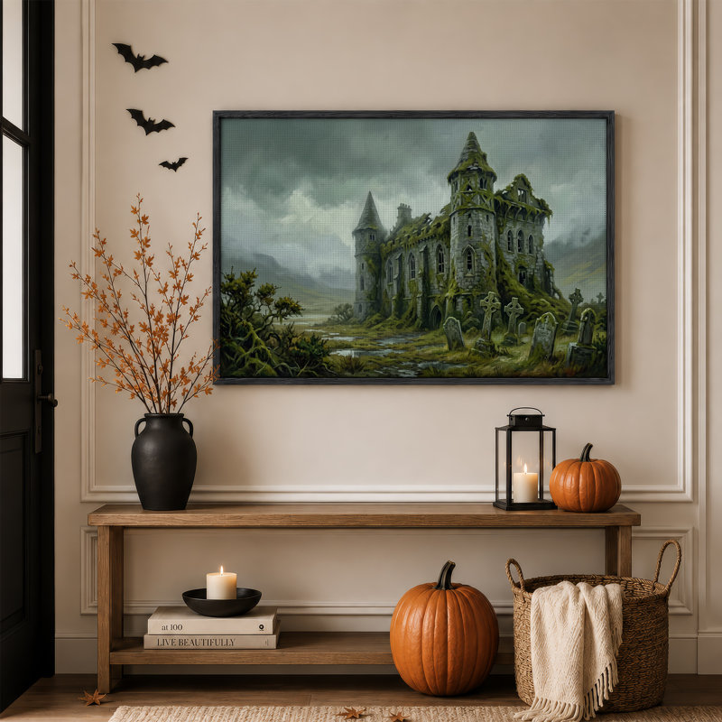 Ruines de château en pierre moussue avec croix celtiques - Toile murale d'Halloween, H 24 po x l 36 po