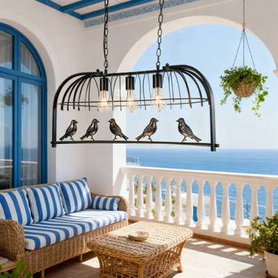 Luminaire suspendu linéaire 33,5 po avec accents d'oiseau, fer noir, 3 ampoules E26 chaudes incluses