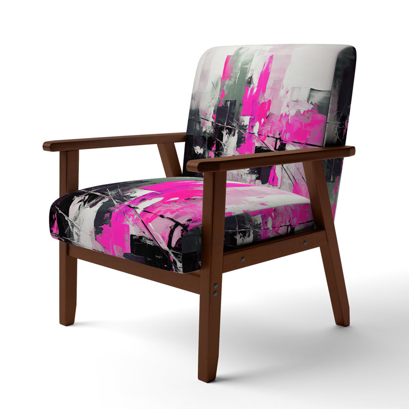 Paper Euphoria I - Upholstered Midcentury Modern Arm Chair, Brown, Pink