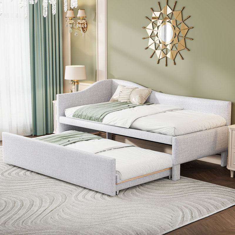 Twin Size Upholstered L-Shaped Upholstered Daybed With Pop Up Trundle, Beige, Beige