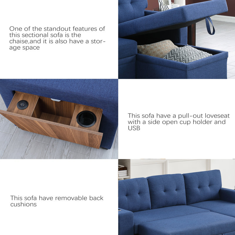 Canapé modulaire 3 pièces rembourré, Lin bleu