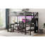 Lit mezzanine en métal noir avec bureau, rangement et éclairage à DEL pour toute garde-robe complète