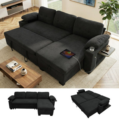 94" Reversible Sleeper Sectional With Pull-Out Bed, Storage Chaise, Usb Ports, Cup Holders & Side Table