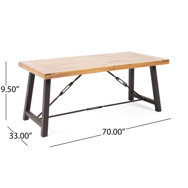 Élégante table d'extérieur en bois avec pièces en métal et base à lattes