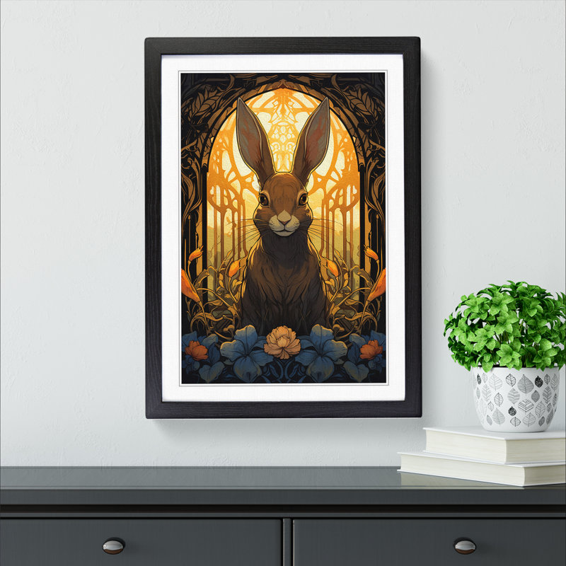 XYZ-FRM-V1223-5327 Rabbit Nouveau - Single Picture Frame Print on Wood, Black, 34cm H x 25cm W x 2cm D