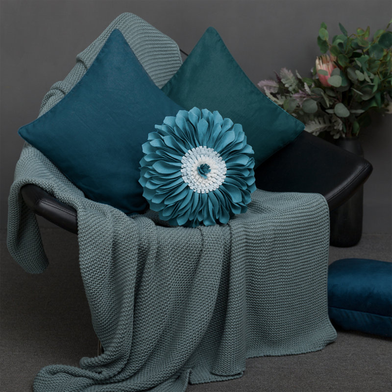 Appliqued Throw Pillow 3D Sunflower Accent Pillow Cover & Insert, Square 14", Teal/White